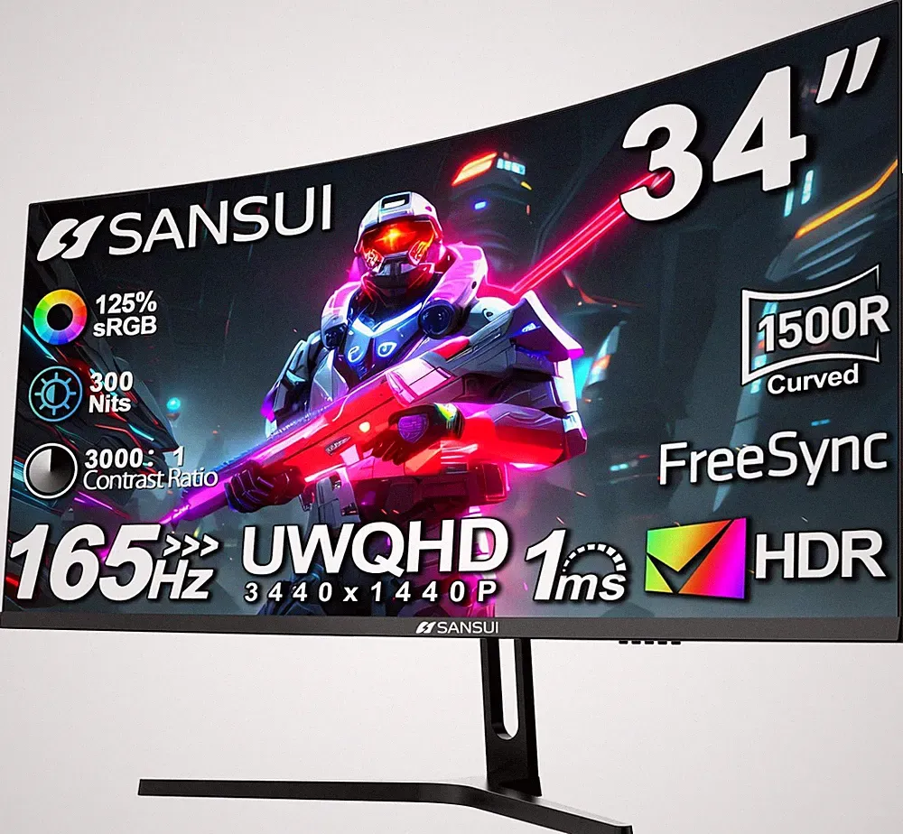 SANSUI 34-Inch Curved Gaming Monitor UWQHD 3440 x 1440 Up to 165Hz Curved 150...