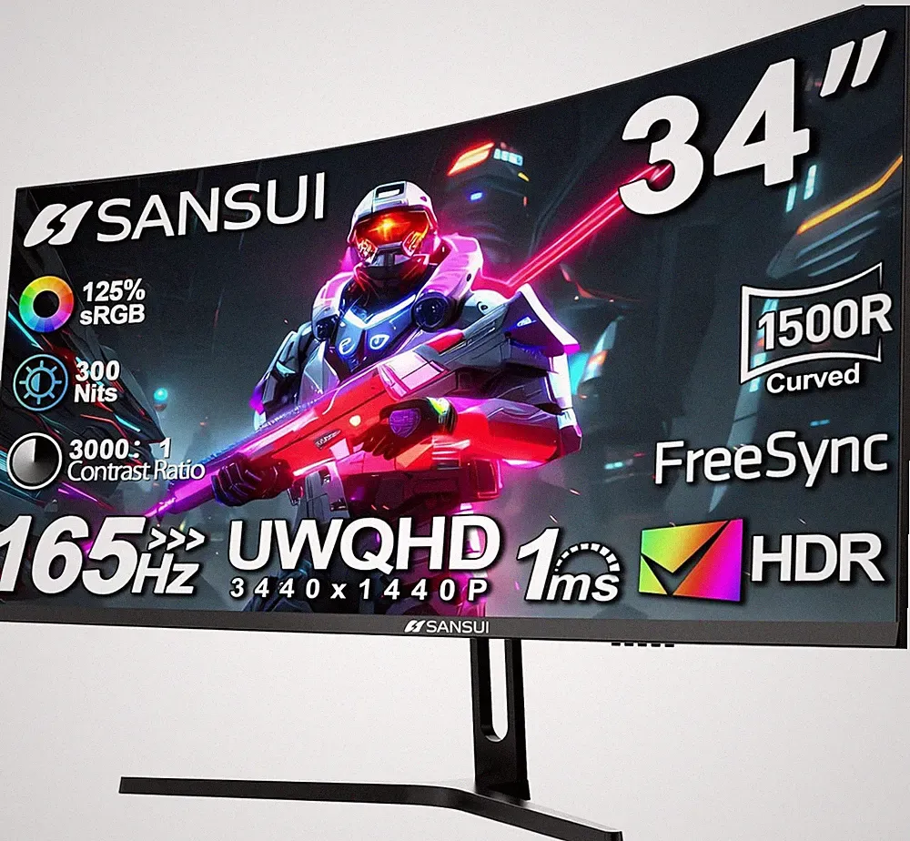 SANSUI 34-Inch Curved Gaming Monitor UWQHD 3440 X 1440 up to 165Hz Curved 1500R