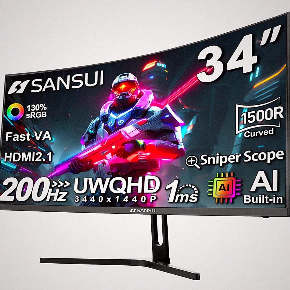 SANSUI 34-Inch Curved Gaming Monitor UWQHD 3440 x 1440 Up to 165Hz Curved 1500R
