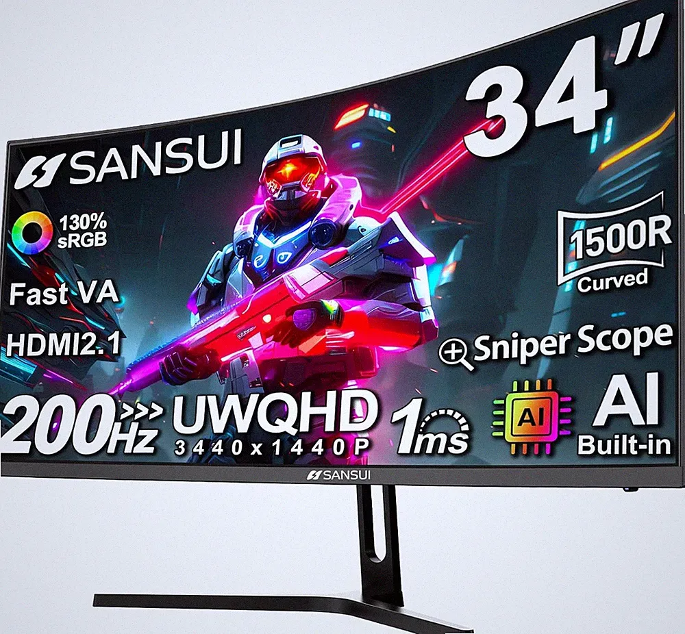 SANSUI 34-Inch Curved Gaming Monitor UWQHD 3440 X 1440P 200Hz Ultrawide