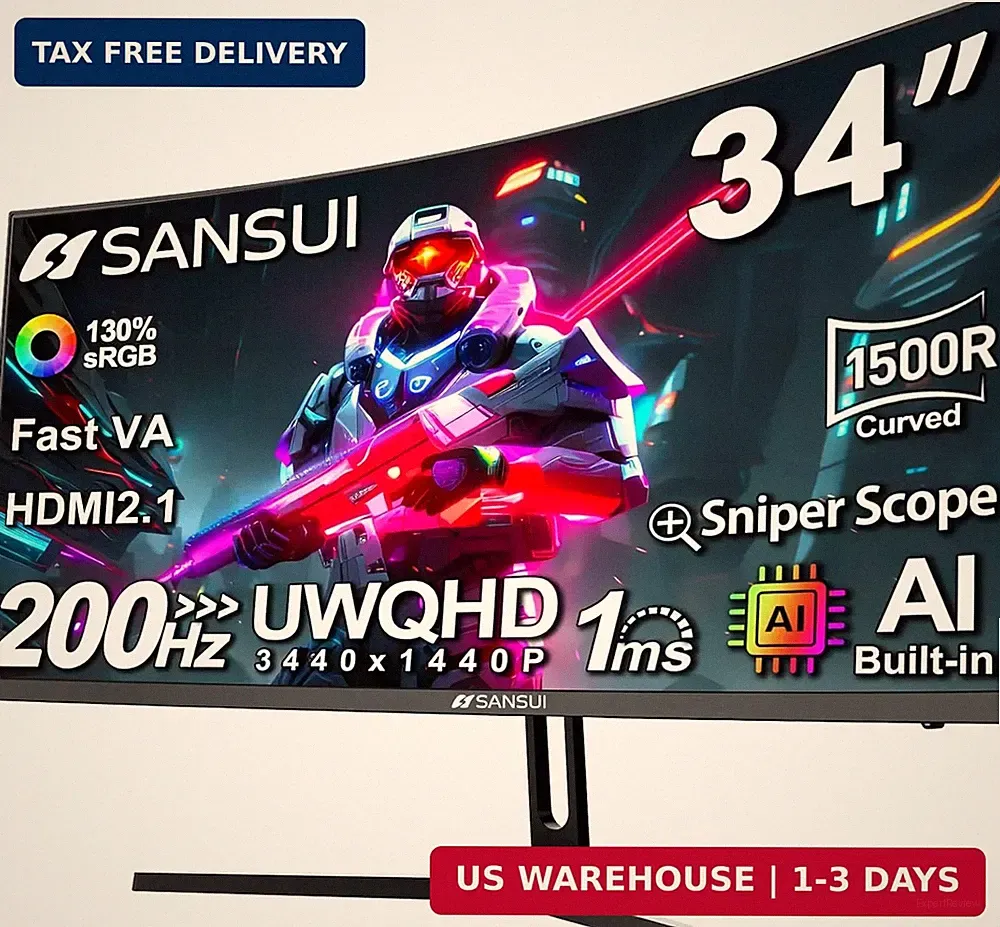 SANSUI 34-Inch Curved Gaming Monitor UWQHD 3440 x 1440P Up to 200Hz 165Hz Curved