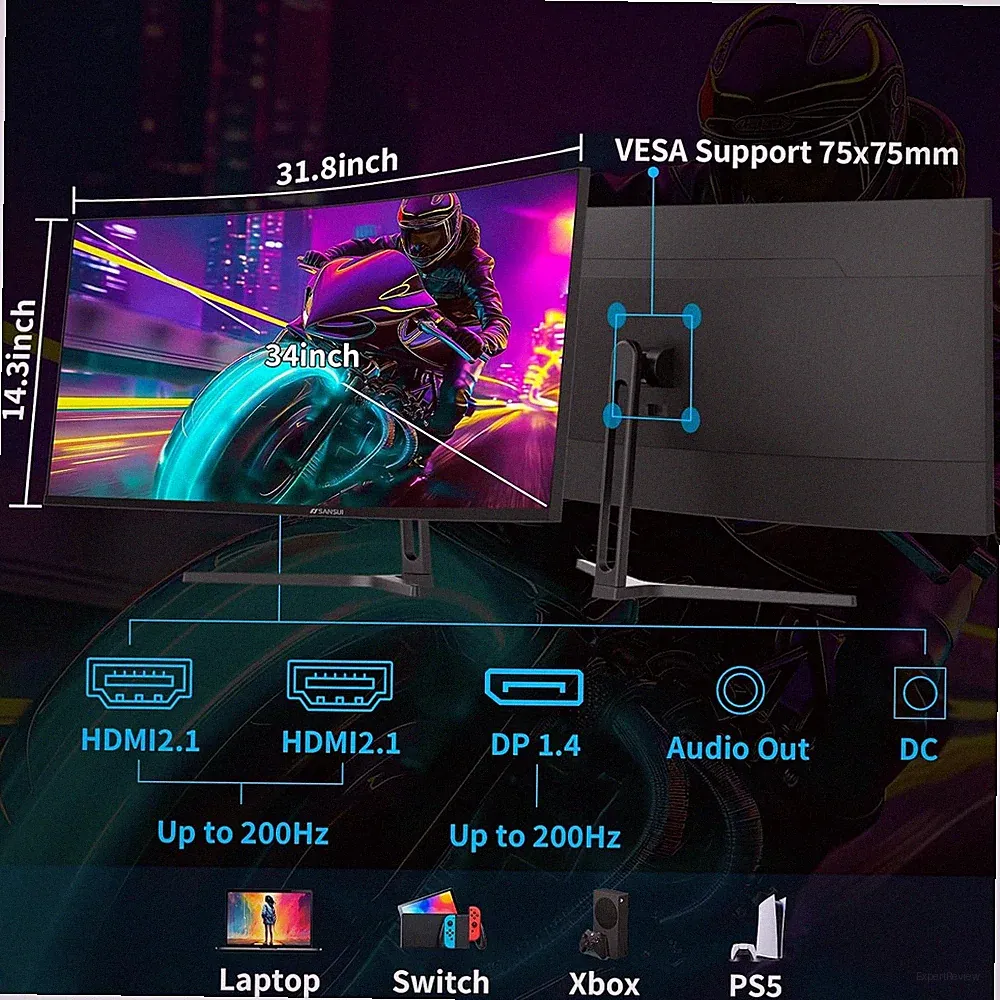 SANSUI 34-Inch Curved Gaming Monitor UWQHD 3440x1440P Up to 200Hz 165Hz SG34C5QK
