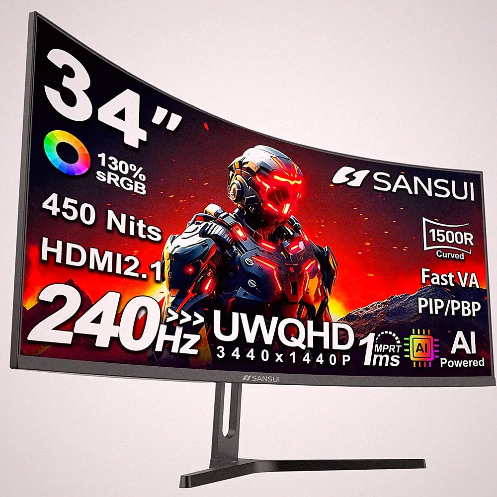 SANSUI 34 Inch Curved Monitor 240Hz UWQHD 3440×1440 Gaming Monitor