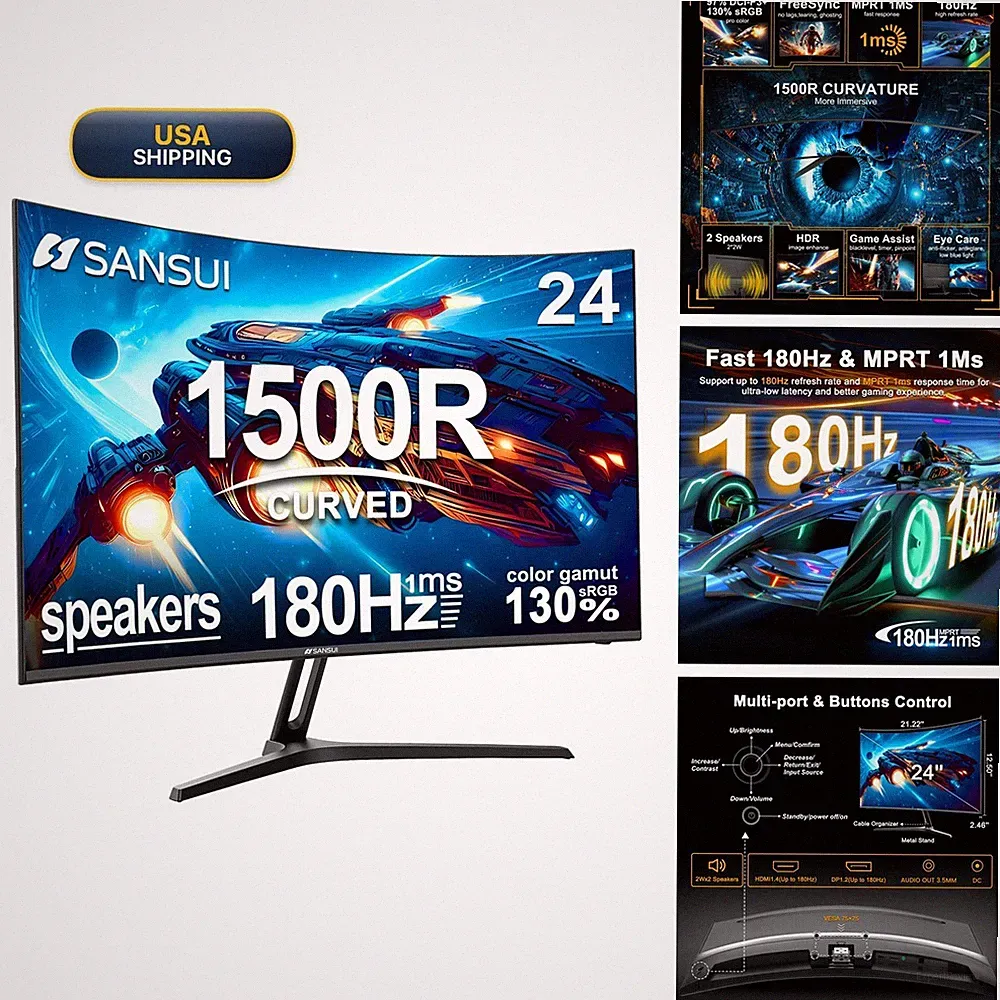 SANSUI ES-G24C1-US 24 Inch Curved Gaming Monitor 160Hz 1ms