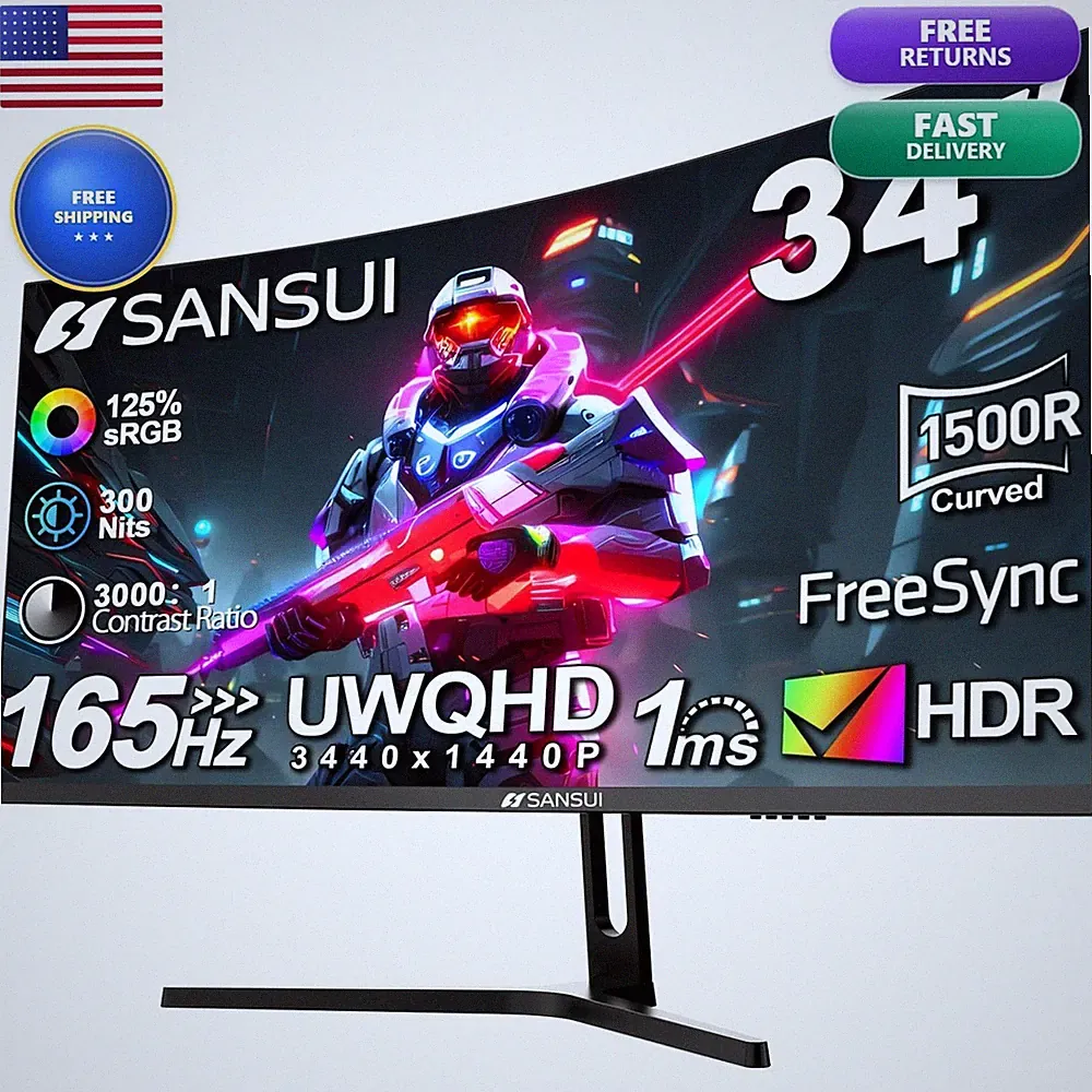 SANSUI ES-G34C5 34" Curved Gaming Monitor UWQHD 3440x1440 165Hz 1500R HDR