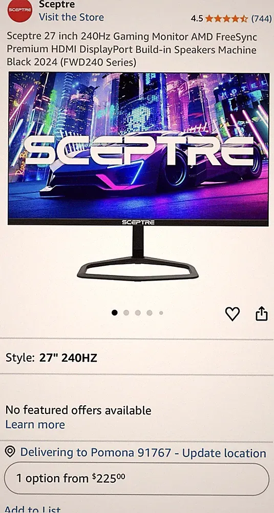 Sceptre 27 inch 240Hz Gaming Monitor HDMI/DisplayPort Build-in Speakers Machine