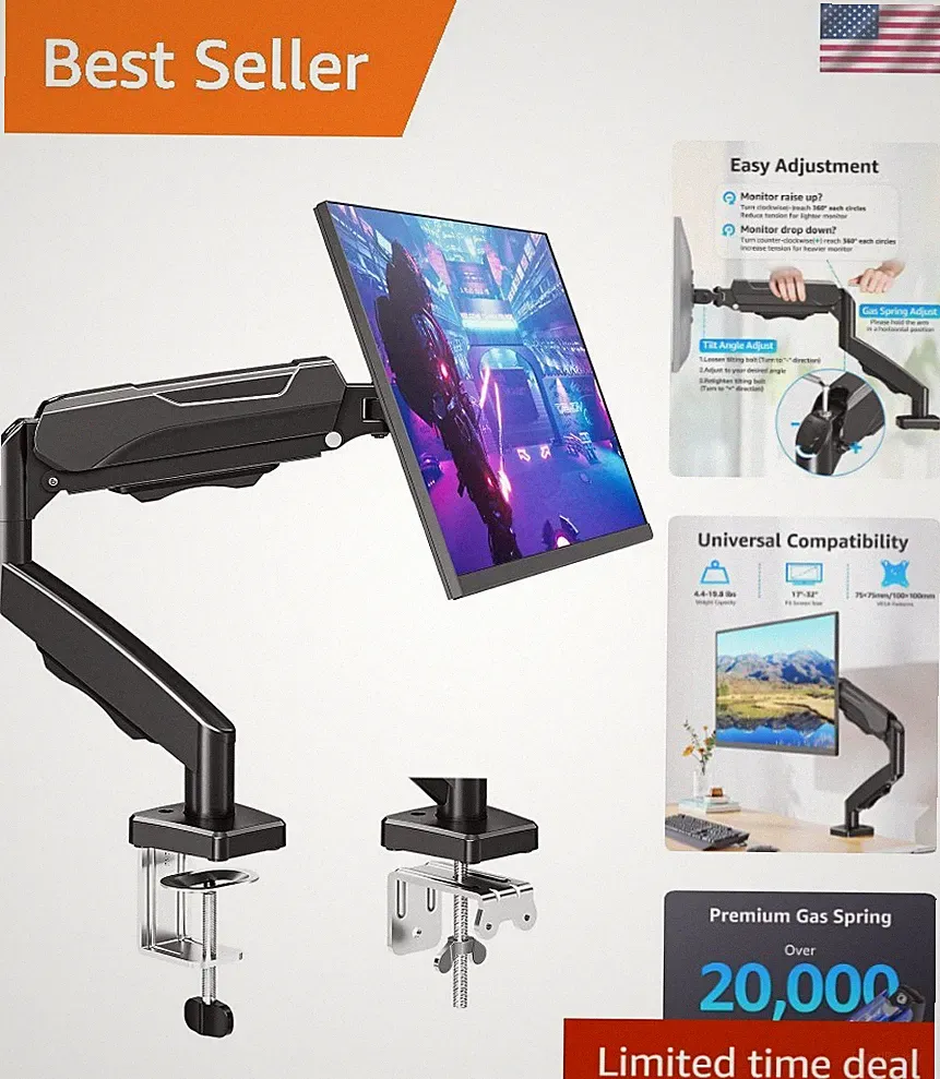 Single Monitor Desk Mount Holds Screen up to 32 inch, Height Adjustable Monit...
