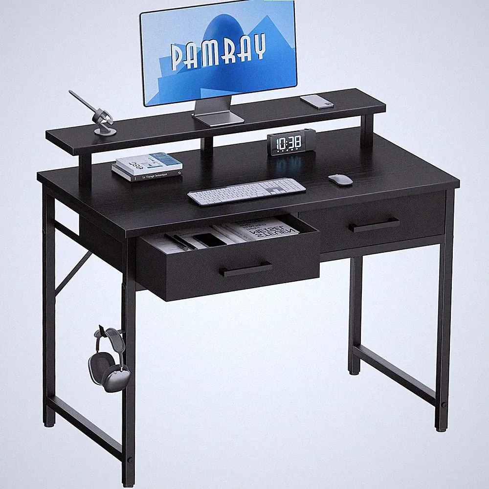 Small Computer Desk 32 Inch With Monitor Stand 2 Drawers Study Writing Gaming