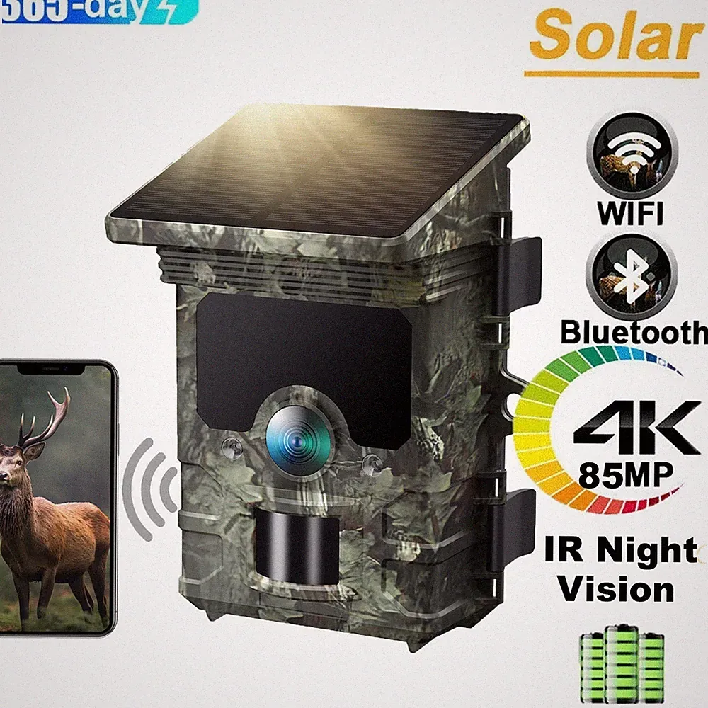 Solar 4K UHD WiFi Bluetooth Trail Camera 85MP Wildlife Game Cam Night Vision