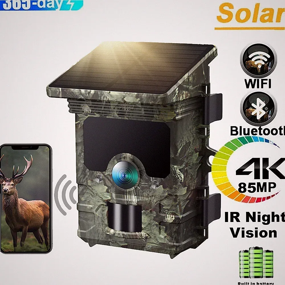 Solar 4K UHD WiFi Bluetooth Trail Camera 85MP Wildlife Game Cam Night Vision
