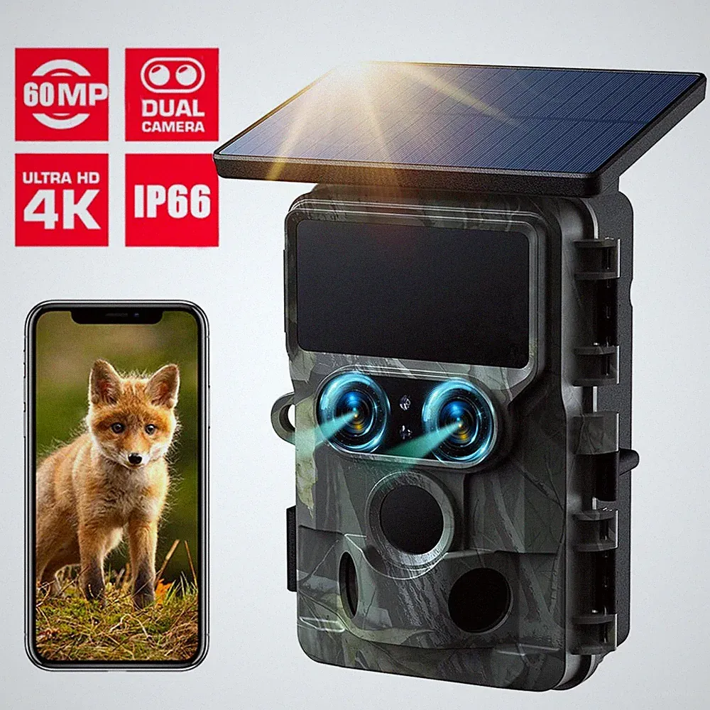 Solar Dual Lens 4K UHD Trail Camera Hunting Game 60MP Wildlife Night Vision IP66