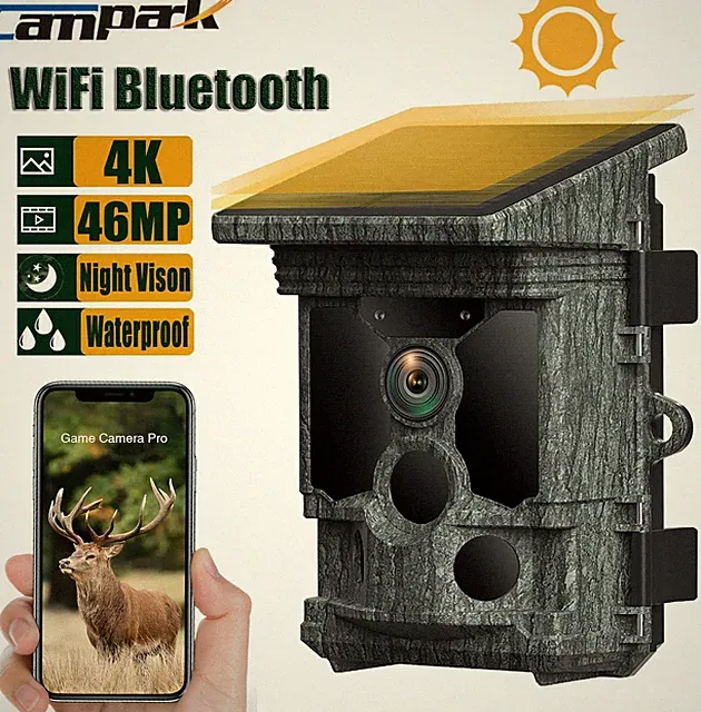 Solar Powered Wildlife Trail Camera 4K UHD 46MP WiFi Hunting Game Camera 3PIR