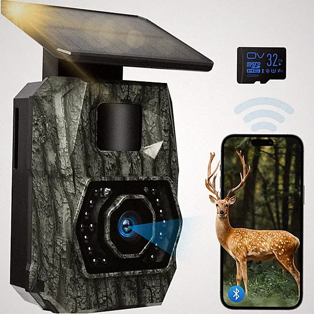 Solar Trail Camera WiFi Bluetooth 4K 64MP Game Camera with 5200mAh Rechargea...