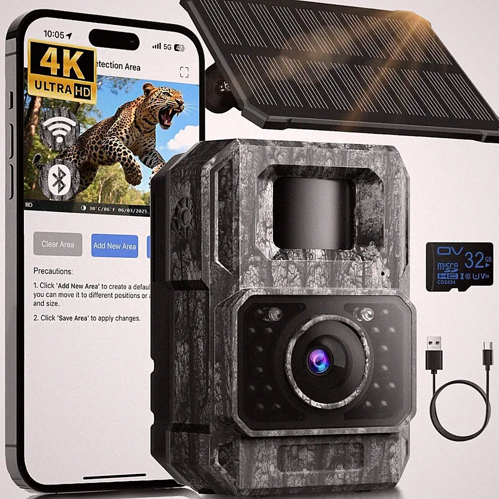 Solar Trail Camera WiFi Bluetooth - 4K 64MP Game Camera with 6000mAh Battery,...