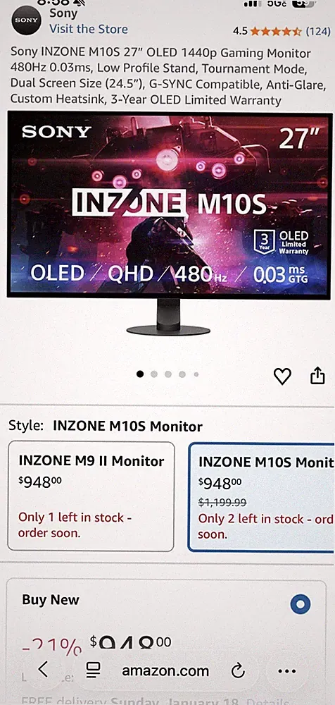 Sony INZONE M10S 27" OLED QHD 1440p 480Hz Gaming Monitor G-SYNC Anti-Glare