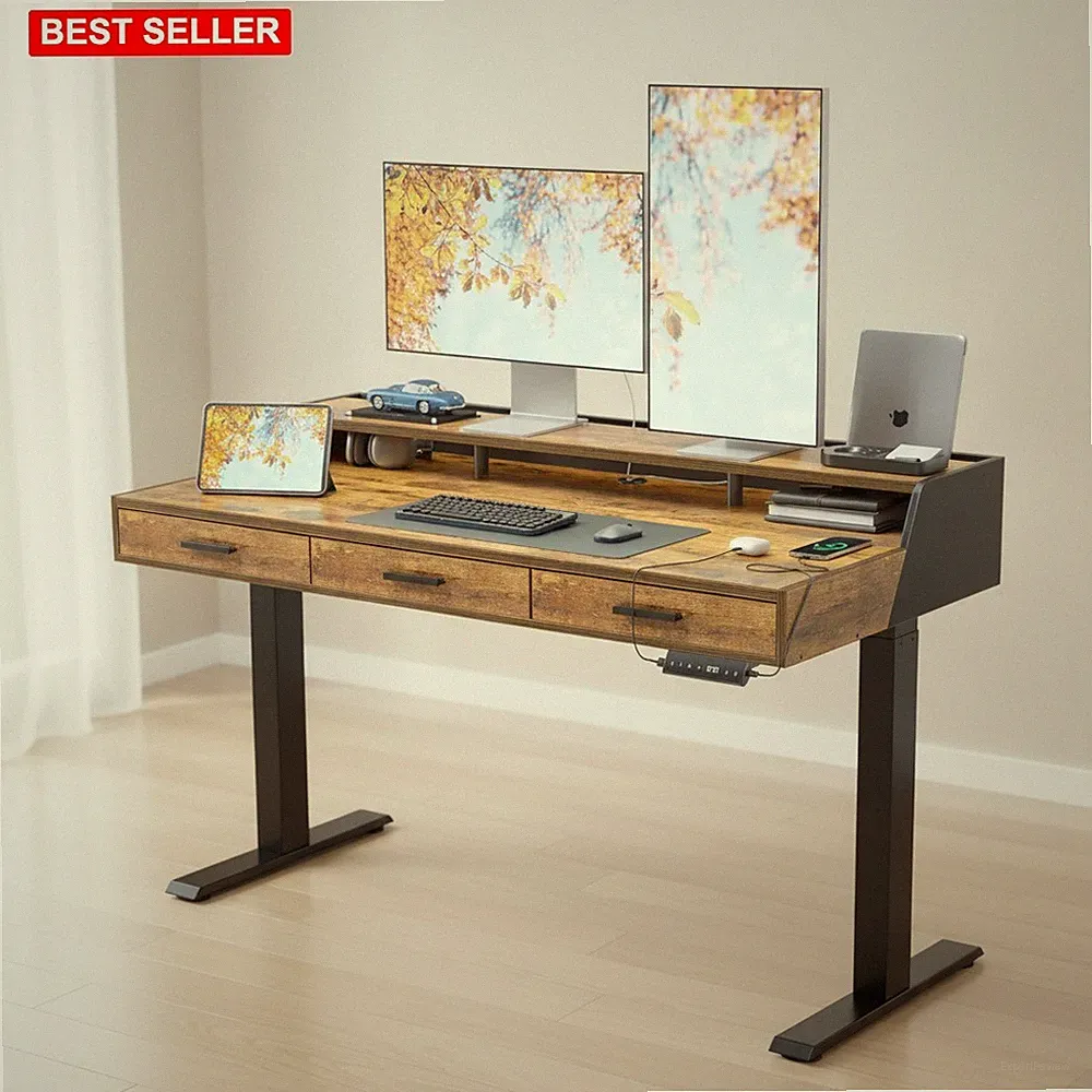 Standing Desk 55x26 Inches With 3 Wood Drawers Monitor Shelf Height