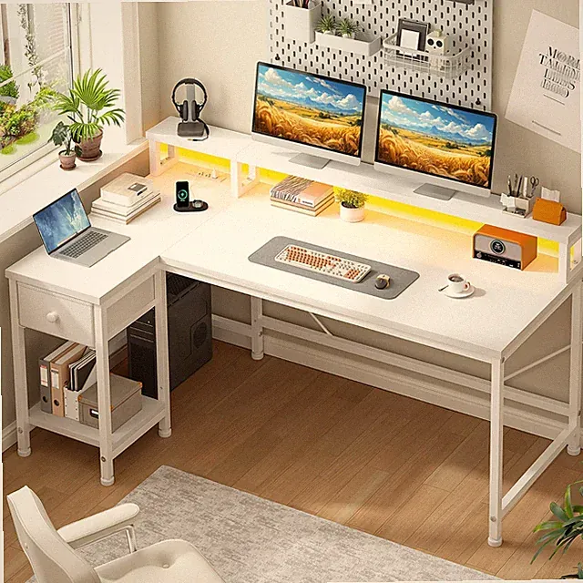 Study Table Office 40 inch L Shaped Computer Desk w/ Drawers & LED Lights,White