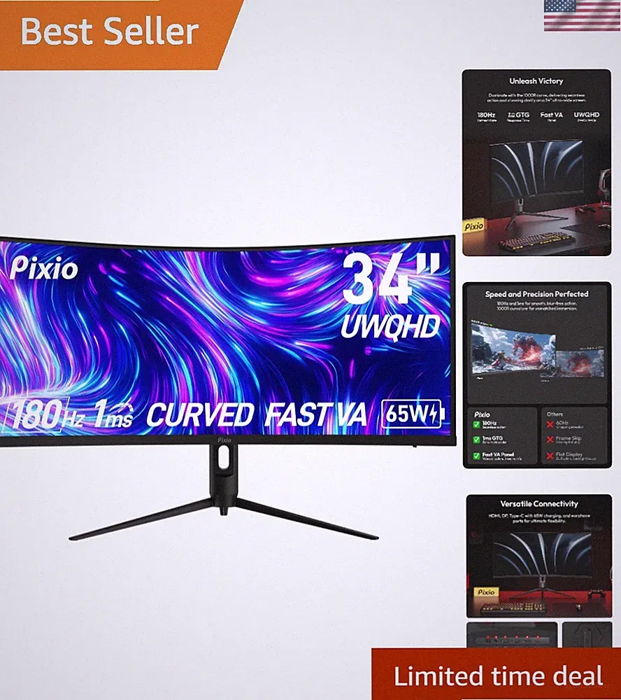 Stunning 34-Inch 180Hz Curved Gaming Monitor - USB-C, HDR, Built-in Speakers