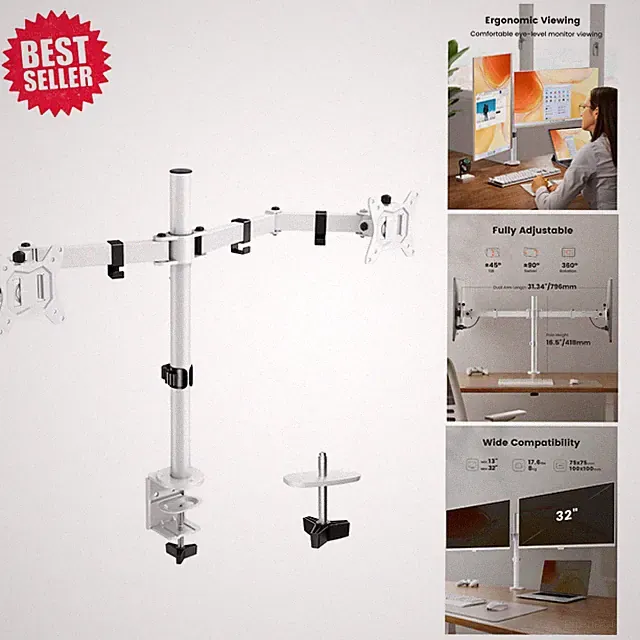 Sturdy Dual Monitor Mount: Adjustable Articulating Arm for Office & Gaming