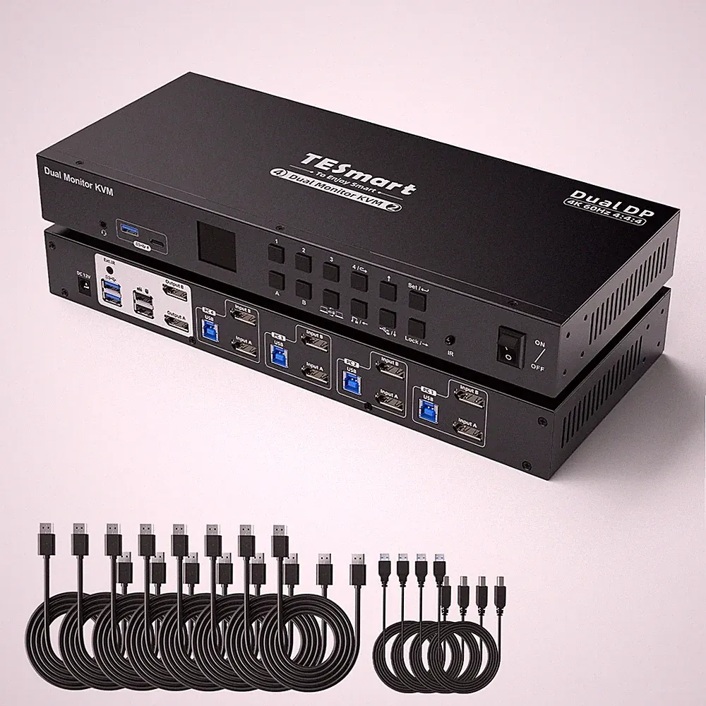 TESmart 4 Port KVM Switch Dual Monitor DisplayPort, Support 4K@60Hz USB 3.0 KVM
