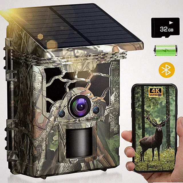 Trail Camera Solar Powered 4K 46MP, WiFi Bluetooth Game Camera with 32GB Memo...