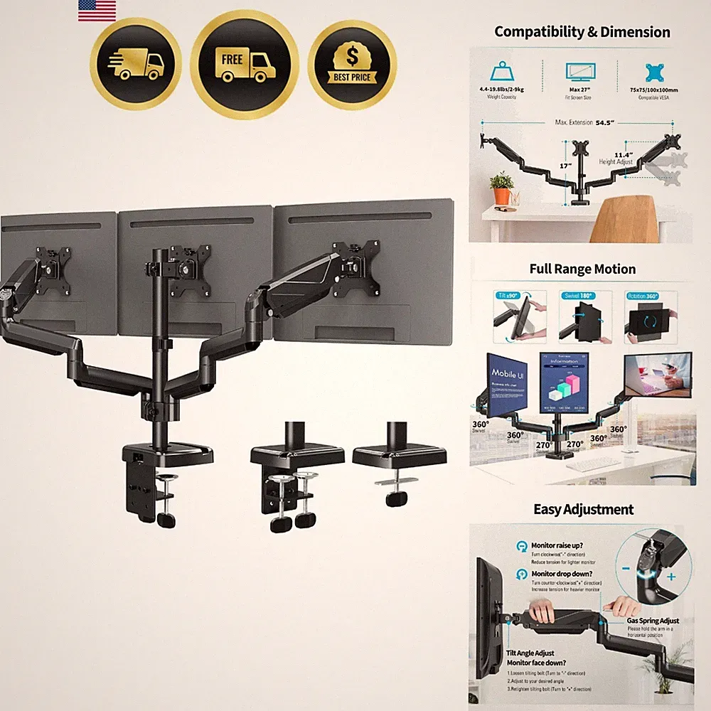 Triple Monitor Mount Desk Stand for 17-27 Inch Monitors with Gas Spring