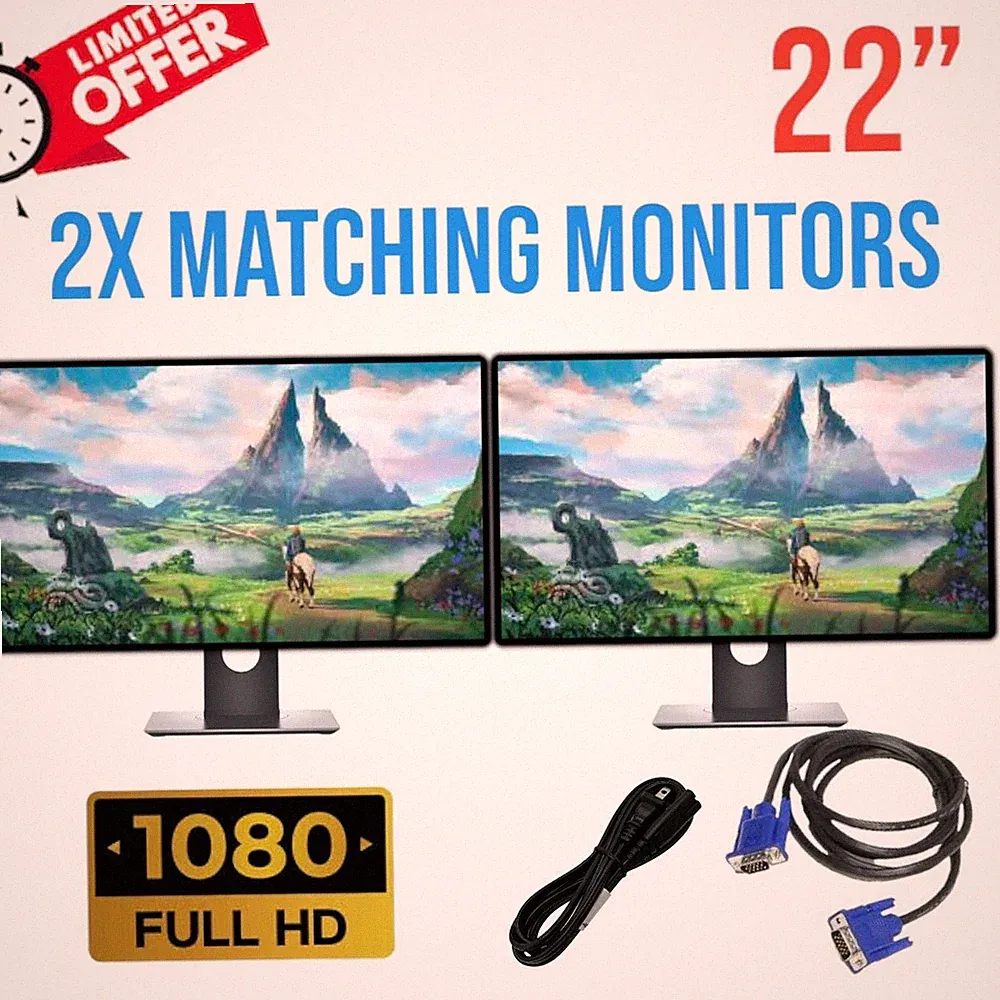 TWO 22" Major Brand Matching FHD Widescreen LCD Monitors Gaming Stand Cable VGA