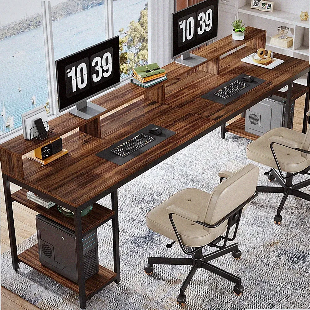 Two Person Desk with Monitor Stand, 78.74" Long Double Computer Office Desk with