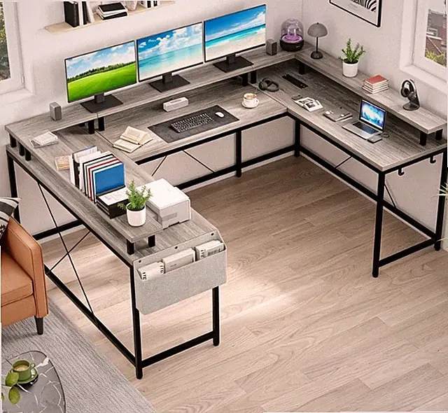 U-Shaped Gaming Desk, Reversible Computer Desk w/Monitor Stand,LED Power Outlets