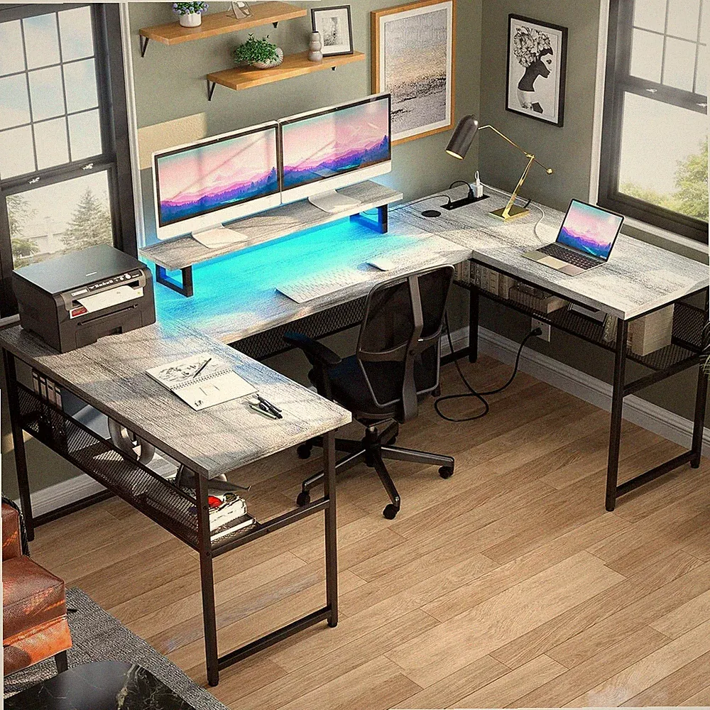 U Shaped Gaming Desk with LED Lights&Power Outlets Computer Desk for Home Office