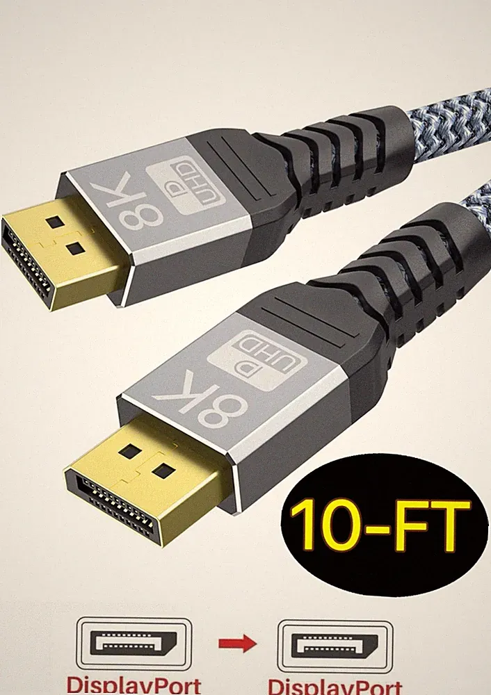 UHD 8K DisplayPort 10FT Cable 8K@60hz, 4K@144hz32.4Gbps, HDR, HBR3 DP to DP Cord