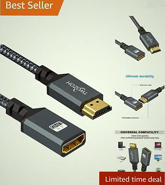 Ultra HD 10FT HDMI Extension Cable – Supports 4K@60Hz, 3D, HDR, Durable Braid...
