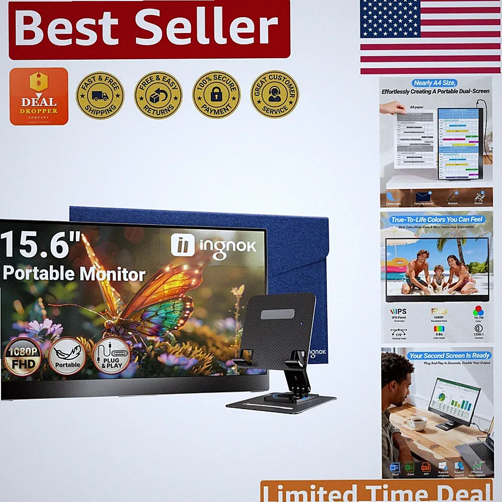 Ultra Slim 15.6 Inch Portable Monitor with Adjustable Stand - FHD IPS Display