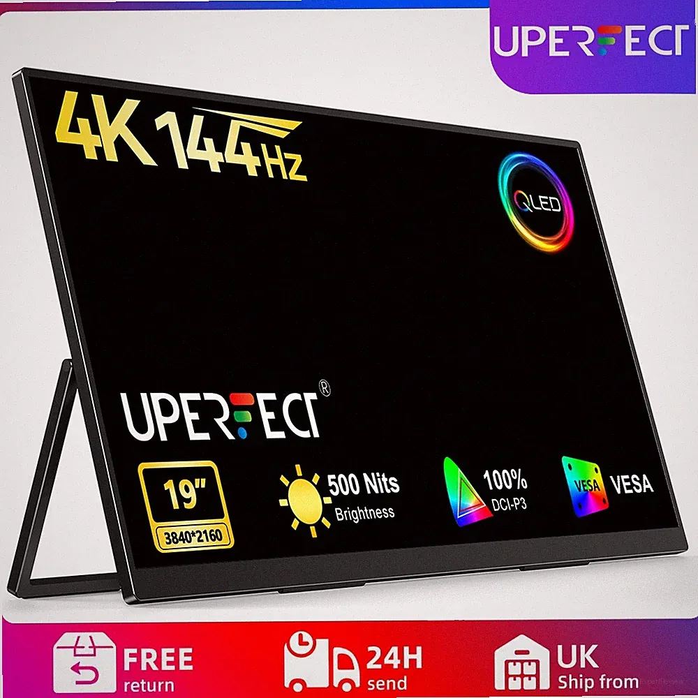 UPERFECT Portable Monitor 4K 144Hz QLED, 19" UHD 3840×2160, 500 Nits, 2000:1 US