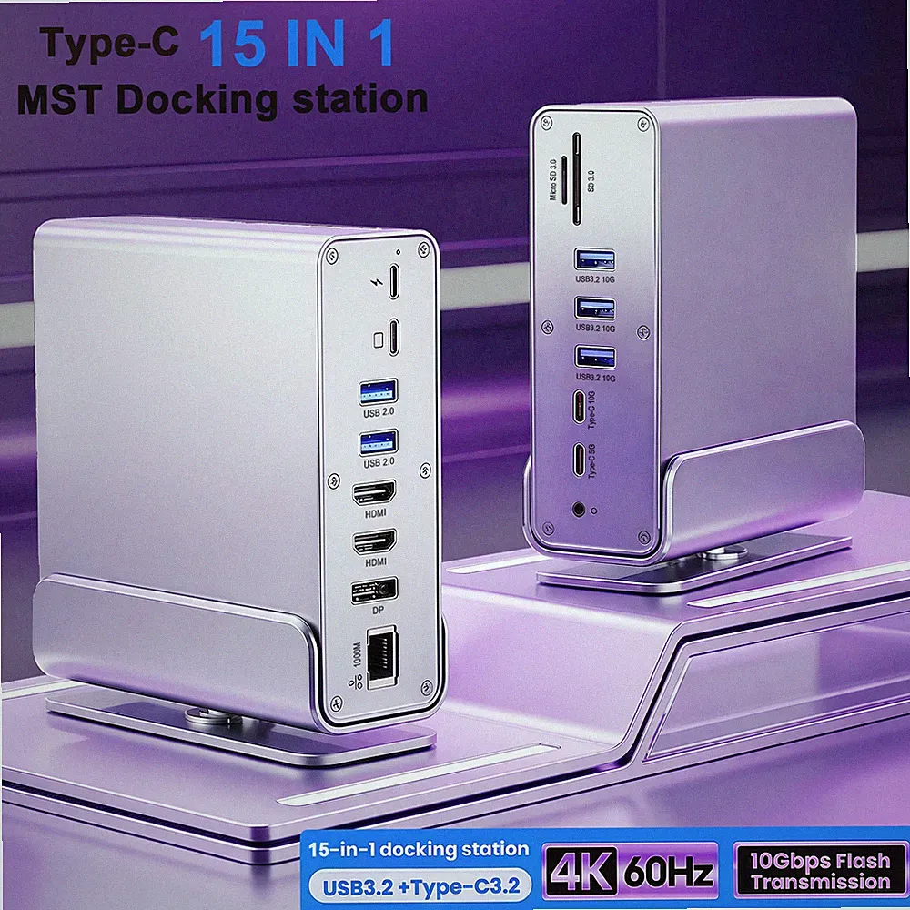 USB-C 3 Monitors Docking Station With 2*HDMI+1*DP,Gigabit Ethernet,100W PD,SD/TF