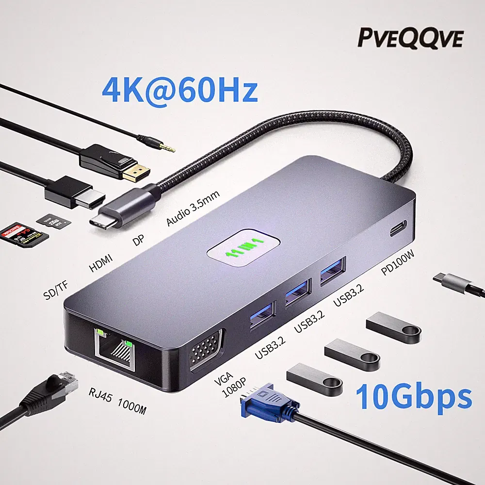 USB-C Docking Station Dual Monitor With 2 HDMI+1 DP,Gigabit Ethernet,10Gbps USB3