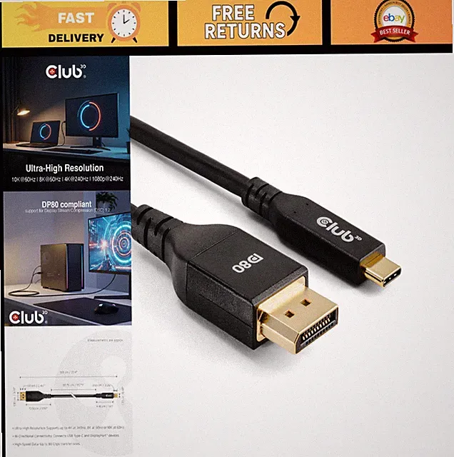 USB C to DisplayPort 2.1 Cable 8K 240Hz 4K 720Hz HDR | VESA DP80 Certified 80Gbp