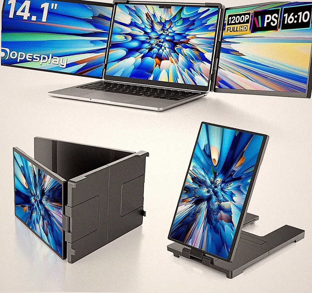 Used | 14.1" Triple Portable Monitor FHD IPS 1200P Screen Extender Fits 14"-17"