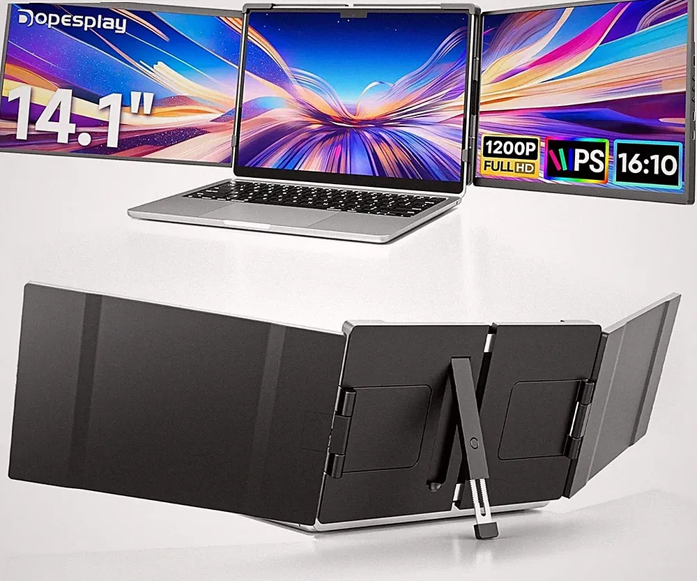 Used ! 14.1" Triple Portable Monitor FHD IPS Laptop Screen Extender Fits 14"-17"