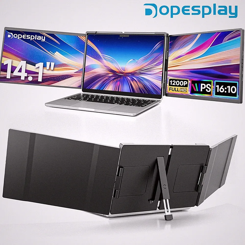 USED Triple Portable Monitor 14.1" FHD IPS Laptop Screen Extender Fits 14-17" PC