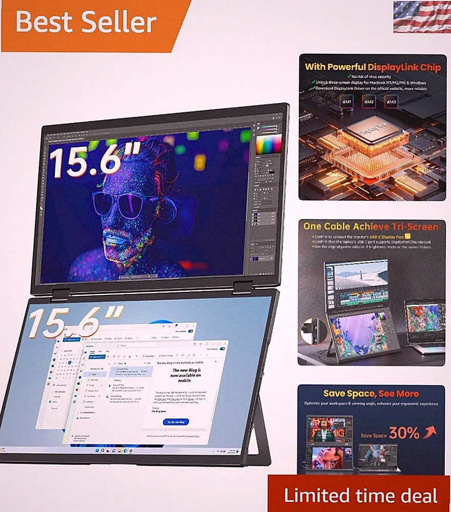 Versatile 15.6" Foldable Monitor - Kickstand & USB-C Compatible for Travel