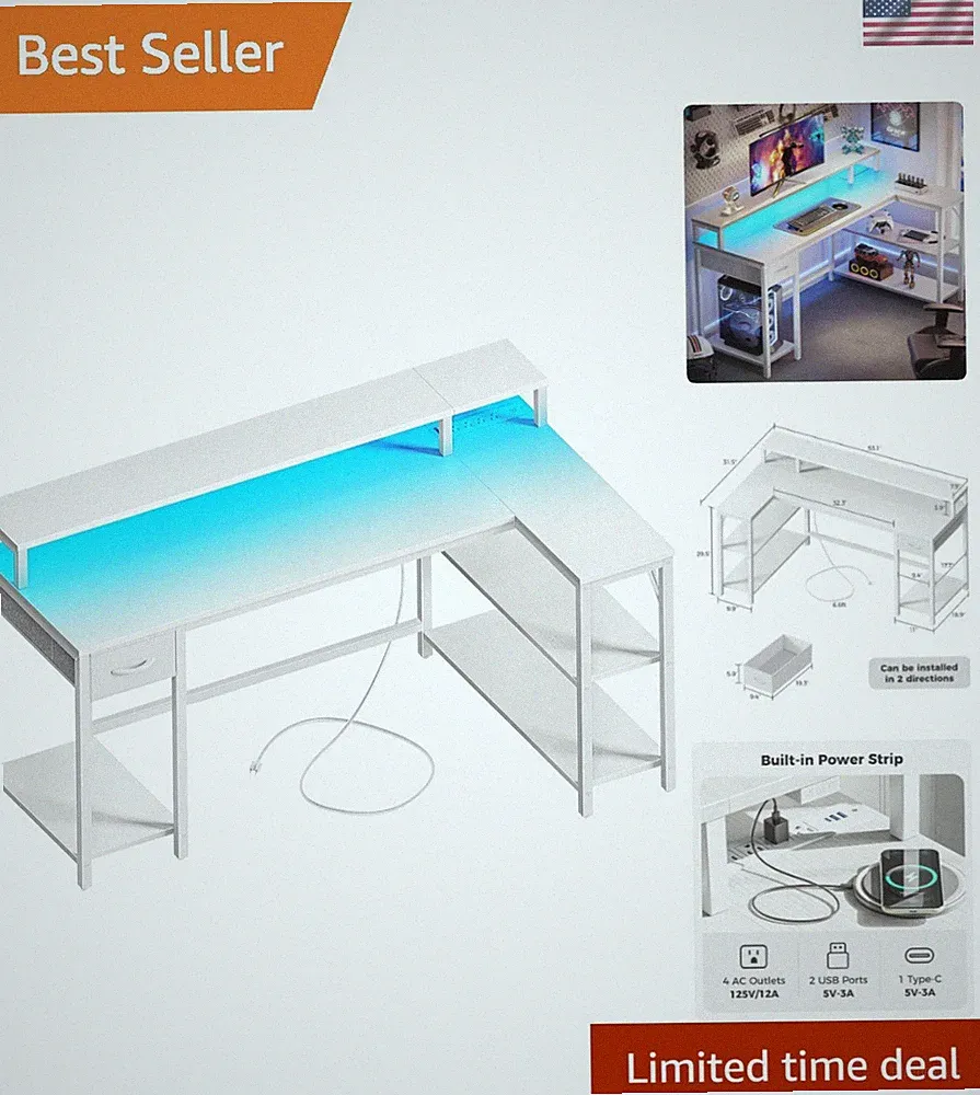 Versatile 53 Inch L-Shaped Gaming Desk with LED Lights & Ergonomic Monitor Shelf