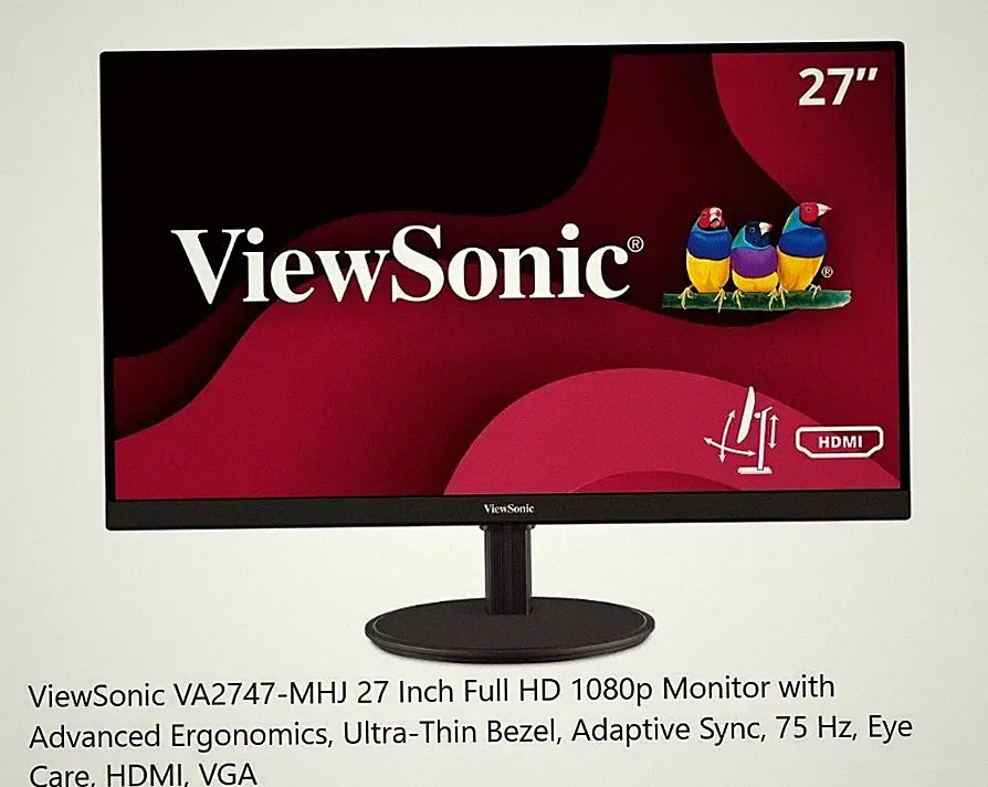 ViewSonic 1080p 75Hz Monitor VA2747-MHJ 27" Ergonomic with Adaptive Sync, HDMI