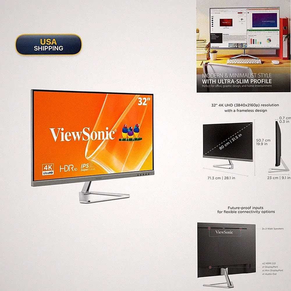 ViewSonic VX3276-4K-MHD 32 Inch 4K UHD Monitor, HDR10, HDMI, DisplayPort