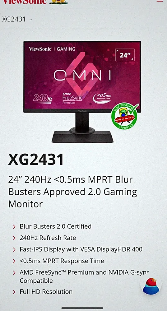 ViewSonic XG2431 24in 240Hz 0.5ms FHD 1080p Gaming Monitor HDMI/DP