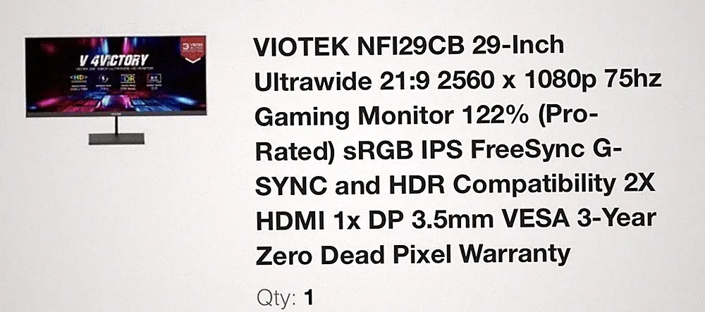 Viotek NFI29CB 29" Ultrawide IPS Gaming Monitor 2560x1080 75Hz HDMI DP