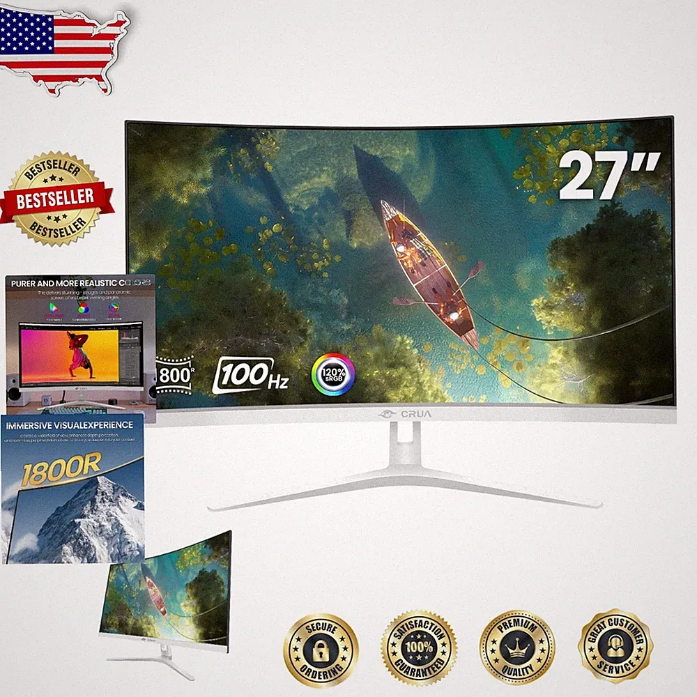 White 27" Curved Monitor 100Hz 1ms 1800R VA Panel HDMI VGA
