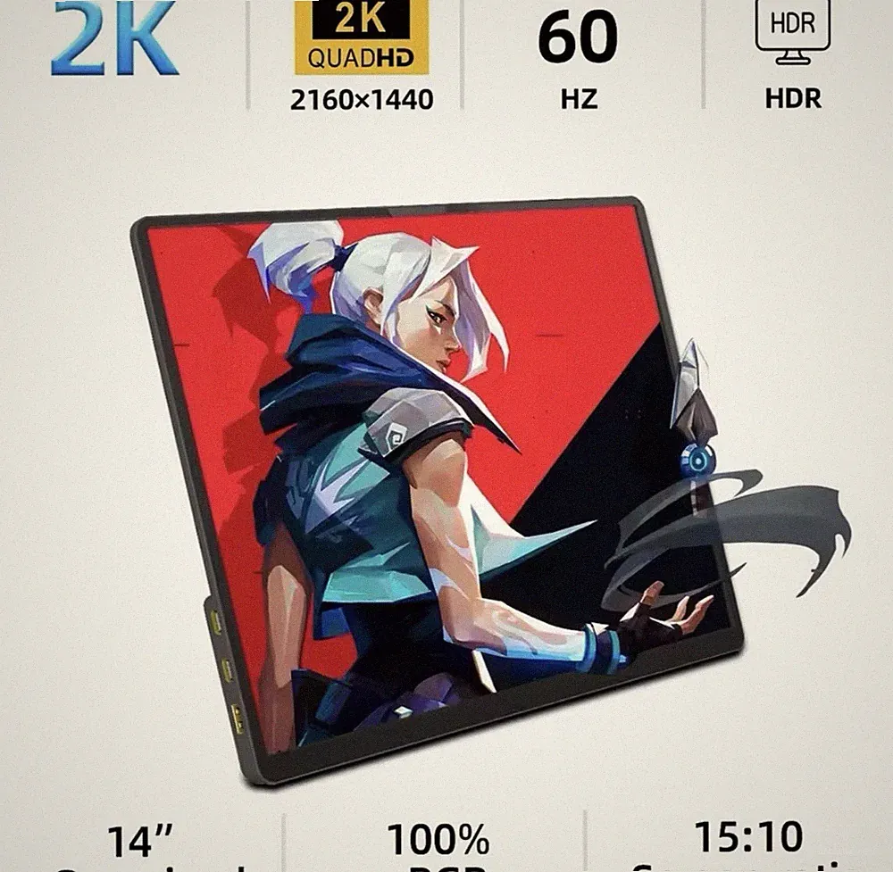ZSUS 2160*1440 14-inch 2K Portable Monitor 60HZ For Laptop XBox PS4 / 5 Switch