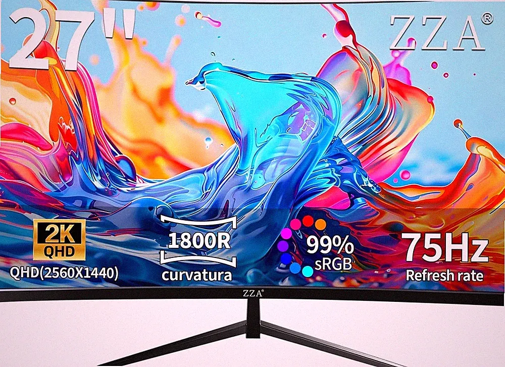 ZZA 27 Inch 2K QHD Curved PC Gaming Monitor 1440p 75Hz Display HDMI DP Tilt VESA